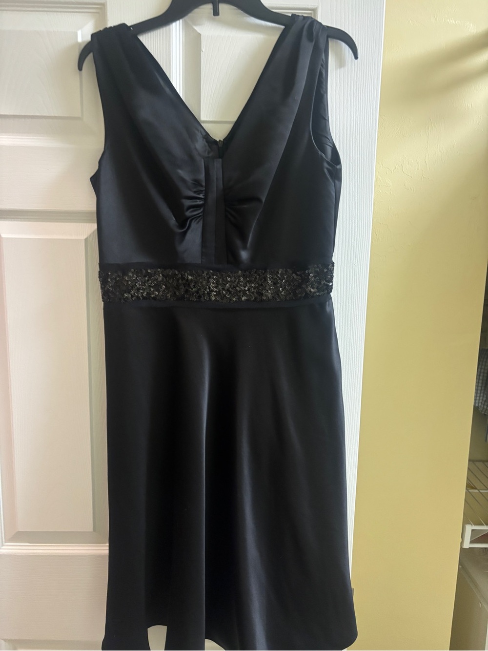 Calvin Klein Black Satin V-Neck Midi Dress with Sequin Waistband